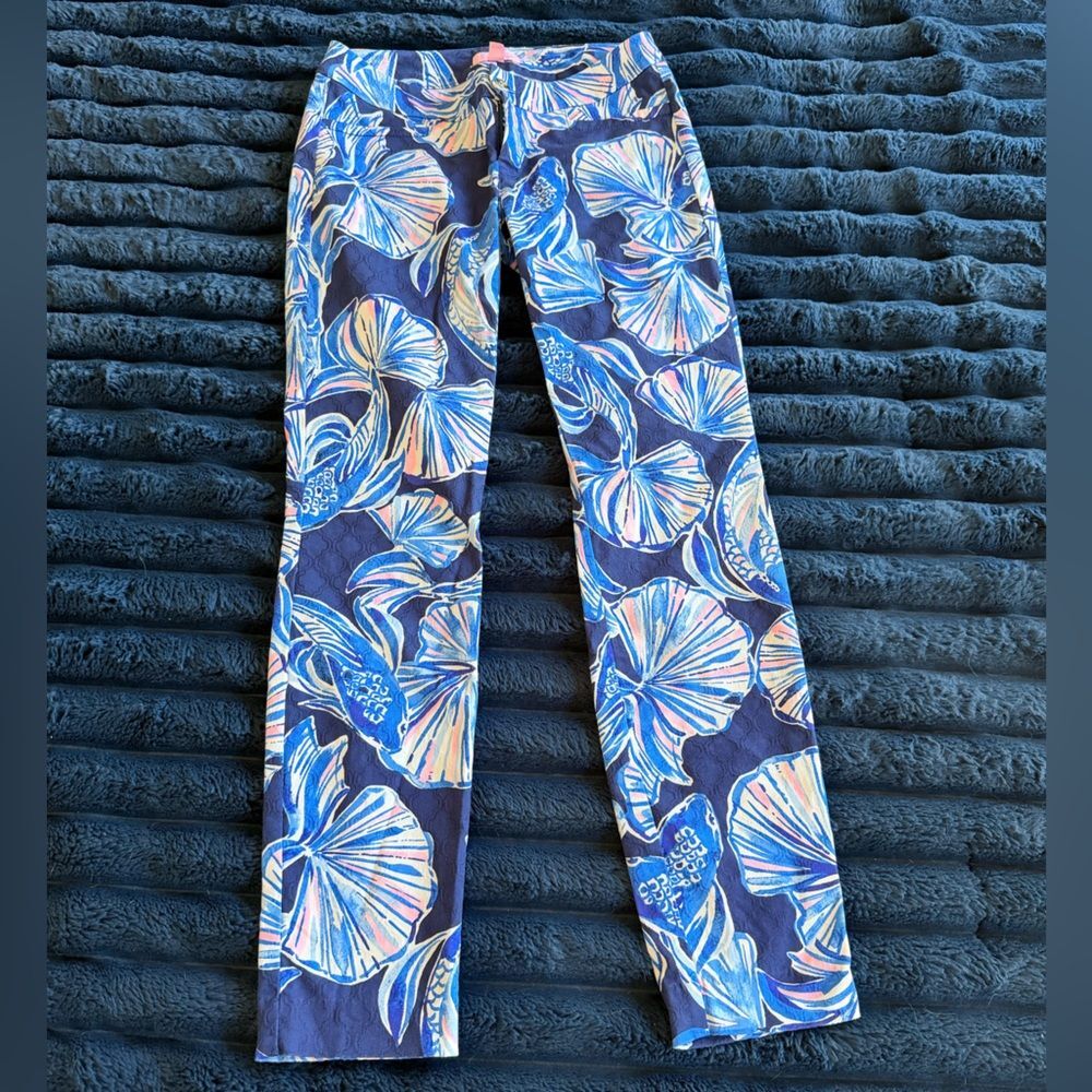 Lilly Pulitzer Navy Floral Ankle Crop Pants Pink Tropical Resort Size 00 Cruise